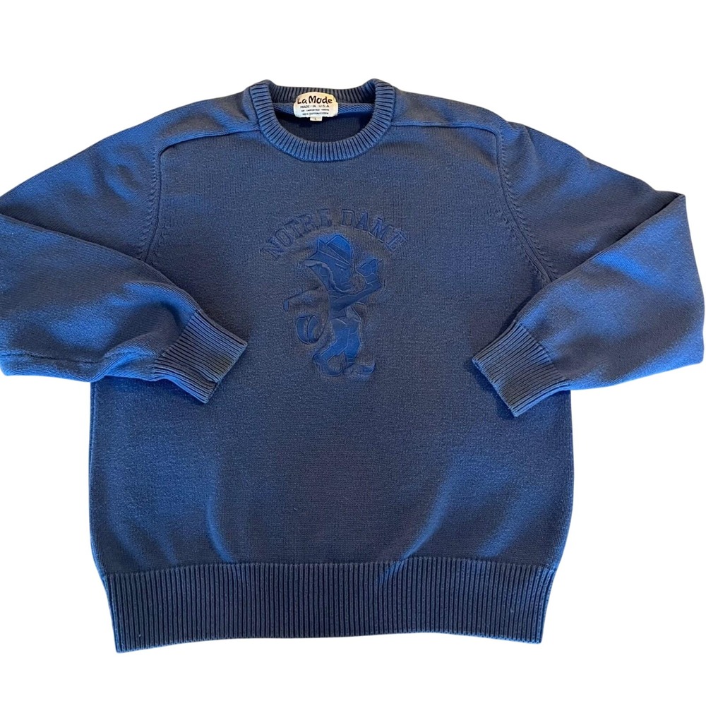 Vintage La Mode Notre Dame Fighting Irish Blue Cotton Sweater Mens Large